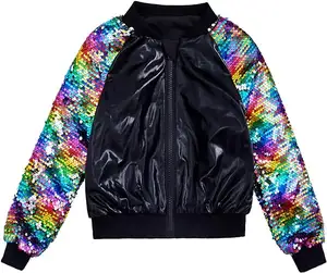 Customized Logo Girls Flip Sequin Rainbow Jackets Kids Sparkle Outwear Glitter Sleeve Shiny Metallic Coat For Girl