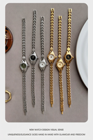 Jam Tangan Oval Kecil Mewah Wanita Bezel Berpinggir Koin Gelang Paduan Tiga Manik-Manik Tipis Ultra 6mm Jam Tangan Kuarsa Wanita