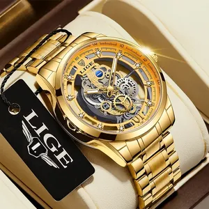 LIGE Montre étanche Business Military Quartz Wristwatches Men Top Brand Luxury Gold Skeleton Retro Men Watch Relogio Masculino