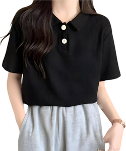 เสื้อครอปแขนสั้นคอโปโลถักสีดำสำหรับผู้หญิง สวมใส่สบายทรงหลวม สีพื้น ระบายอากาศได้ดี เหมาะสำหรับฤดูร้อน - Product Image 1