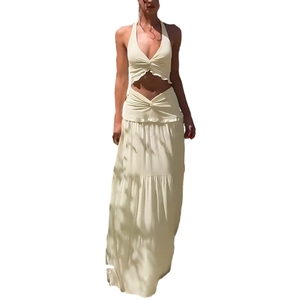 Conjunto de Dos Piezas para Mujer, Camisola Sexy con Cuello en V y Volantes, Falda Maxi con Detalle de Nudo, a la Moda - Product Image 1