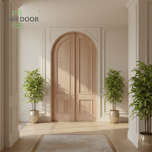 Puerta Exterior de Madera Curvada de Estilo Francés con Líneas Decorativas, Acabado <span class=keywords><strong>en</strong></span> <span class=keywords><strong>Caoba</strong></span> y Roble, Puerta Frontal Doble de Madera Sólida con Arco Redondo - Product Image 1
