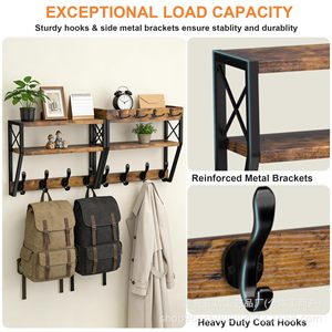Wooden Wall Mounted Storage Rack 2 Tier <b>Shelf</b> With <b>Hooks</b> For Kitchen Living Room Entryway Key Bag Organizer - Product Image 4