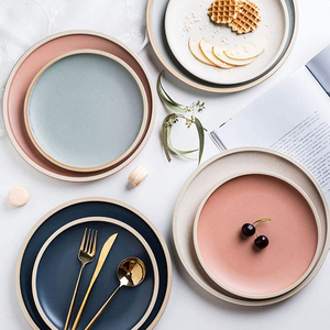 Service de vaisselle en céramique émaillée de couleur <span class=keywords><strong>pastel</strong></span> nordique, vaisselle en porcelaine ronde avec bord blanc, plats pour gâteaux, pâtes, steak - Product Image 1