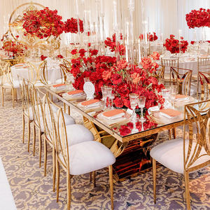 Silla <span class=keywords><strong>de</strong></span> Comedor Apilable <span class=keywords><strong>de</strong></span> Acero Inoxidable Dorado, Diseño Nórdico Moderno y Lujoso, <span class=keywords><strong>para</strong></span> Bodas, Eventos, Banquetes y Hoteles - Product Image 5