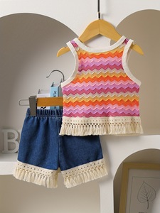 Conjunto de Dos Piezas para Niña 2026: Top de Punto con Borlas + Shorts de Mezclilla con Borlas, Conjunto Lindo de 2 Piezas - Product Image 2