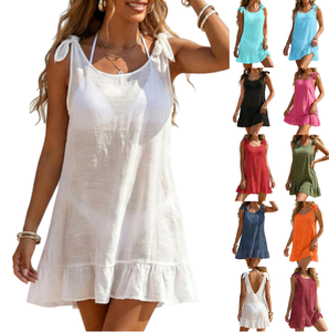 ชุดคลุมบิกินี่ผู้หญิงแบบมีระบายผูกโบว์  ผ้าถักเนื้อนุ่มสีพื้น ป้องกันรังสียูวี คอเสื้อแบบคอกลม แขนกุด ผลิตจากโพลีเอสเตอร์ 100% ความยาวปานกลาง เหมาะสำหรับใส่ไปชายหาด ขายส่ง - Product Image 4