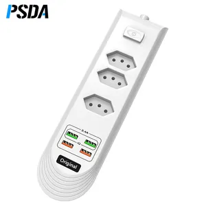 PSDA ปลั๊กไฟฟ้าป้องกันการโอเวอร์โหลด10A,ปลั๊กบราซิลยาว2เมตรปลั๊กไฟตั้งโต๊ะเต้ารับไฟกระแสสลับ3ตัว