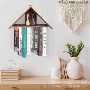 Wooden <b>Wall</b> <b>Mounted</b> <b>Shelf</b> 1 Tier Polygon Shape Floating Book Storage With Elastic Band For Home Organization - Product Image 3