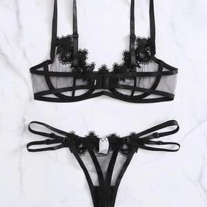 女式性感透明网眼蕾丝内衣套装 2 件套透明钢托文胸和丁字裤睡衣 - Product Image 1