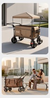 Chariot utilitaire pliable en métal à quatre roues avec auvent pare-soleil et poignée de poussée/tirage pour la plage, le camping, le jardin et les courses