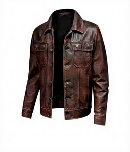 Veste en cuir marron vieilli pour homme, col rabattu, poches avant - Product Image 1