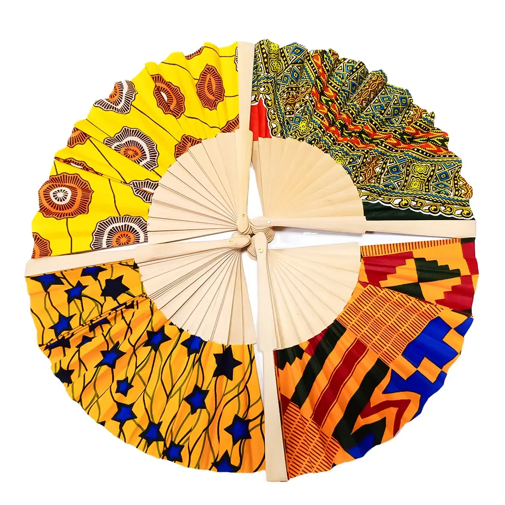 Fashion hand fan printed satin fabric customized bamboo wooden fan