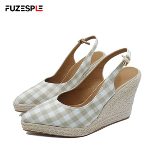 Nuove Scarpe Estive da Pescatore per Donna, Sandali con Zeppa in Tela a Quadri, Punta Affusolata, Sexy, Retrò, Espadrillas Slip-On 10cm - Product Image 5