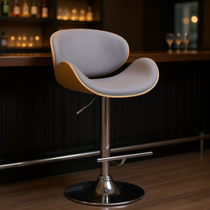 Marana Light Grey Bentwood <b>Adjustable</b> Swivel Bar <b>Stool</b> Round Base Metal Frame Fabric Upholstery Contemporary Design - Product Image 2