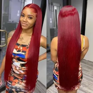 Wig renda merah anggur 99j rambut manusia wig merah renda depan berwarna rambut manusia Vietnam mentah HD grosir murah