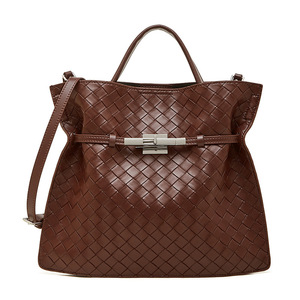 Black Woven Genuine <b>Leather</b> Crossbody Bag- Diamond Weave Pattern, Dual Handles + Detachable Strap, Office to Evening Essential - Product Image 1