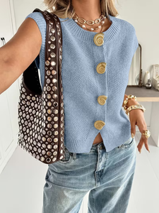 <span class=keywords><strong>Gilet</strong></span> en tricot vintage pour <span class=keywords><strong>femme</strong></span> 2026 – Cardigan chic couleur avoine à manches courtes, col rond, bouton unique, respirant, tricoté à la machine, décontracté - Product Image 5