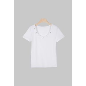 SUHE TS-026 Women's U-<b>neck</b> Short Sleeve T-shirt Mocha Cotton Knitted Breathable Slim Fit Top - Product Image 6