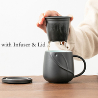 Mug Teh Keramik Hitam Putih Matte 12oz dengan Logo Ukiran Kustom Baru, Dilengkapi Infuser dan Tutup