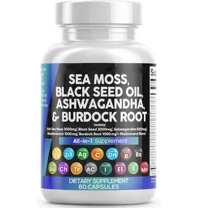 Cápsulas de musgo de mar Aceite De Semilla Negra Ashwagandha Cúrcuma Bladderwrack Bardana 1000mg y vitamina C con clorofila de baya de saúco