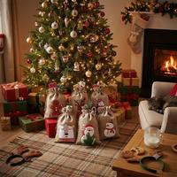 Sac cadeau de Noël en jute avec cordon de serrage, logo personnalisé, motif Père Noël, renne, bonhomme de neige, arbre, petite pochette pour bonbons et fêtes