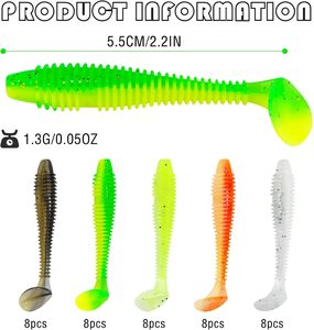20 piezas/bolsa 4.5cm 5.5cm 6.5cm 7.5cm Set de Señuelos Blandos Multicolor, Señuelos de Pesca con Cola en T y Cola de Paleta, Señuelo Biónico Tipo Gusano Swimbait - Product Image 4