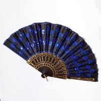 Éventail en plastique écologique en stock avec dentelle, broderie espagnole et paillettes, patch en os peint, éventail de danse pliable