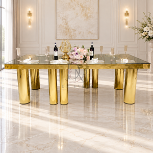 Mesa de Comedor Premium de Acero Inoxidable Dorado con Cubierta de Vidrio Espejo y Patas de Múltiples Columnas para Banquetes de Boda, Venta al por Mayor de Fábrica - Product Image 2
