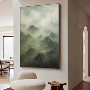 Peinture de paysage de montagne brumeuse, art sur toile vert et gris serein, peinture murale artisanale, art mural sur toile - Product Image 3