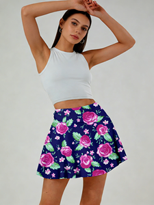 กระโปรงมินิทรงเอเอวสูงสีน้ำเงินกรมท่าลายดอกกุหลาบสีชมพูสำหรับผู้หญิง ผ้าใยนมยืดหยุ่นสูง สไตล์วายทูเค ย้อนยุค ลำลอง - Product Image 6