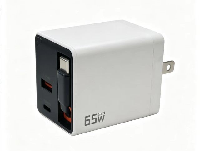 65W 3-Port GaN Wall Charger with Retractable Type-C Cable, PD QC Fast Charging for IPhone, Samsung, US Plug Travel Power Adapter