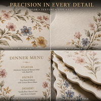 Cartes de menu de mariage à bords festonnés ondulés, motif floral, papier texturé personnalisé multi-tons aquarelle fleurs sauvages