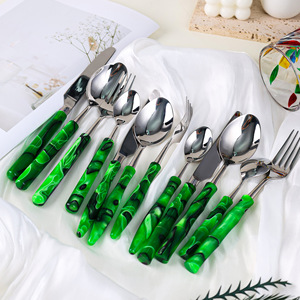 Jin Hui Chinese Style Green Acrylic Handle Stainless Steel Cutlery <b>Set</b> Four Piece Knife Fork Spoon Teaspoon - Product Image 2