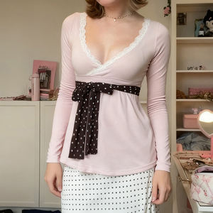 Sweet lace splicing V-neck polka dot lace-up bowknot A-line long-sleeved <b>slim</b>-fitting T-shirt versatile and easy to match - Product Image 2