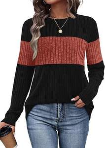 Women's New Arrival Color-Blocked <b>Patchwork</b> Sleeve Cuffed Crew Neck Long-Sleeve <b>Top</b> T-Shirt Fashion - Product Image 4