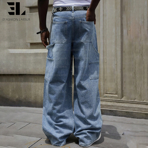 Pantalon de travail à double genouillère orné de strass, lavage délavé personnalisé LARSUR, jean cargo brillant orné de bijoux - Product Image 3