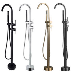 Floor Stand Faucet All Copper Gunmetal Gray 2 Handles Rain Showerhead Ceramic Valve Core Bathtub Sink Bathroom Fixture - Product Image 1