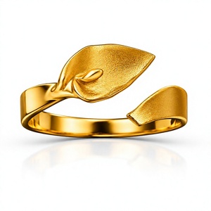 Anillo Apilable Clásico de Plata de Ley 925 Chapado en Oro de 18K con Diseño de Hojas, Banda Abierta, Joyería Fina Hecha a Mano para Mujer, Regalo - Product Image 1