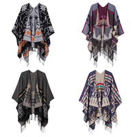 Poncho long à motif ethnique avec logo personnalisé, châle réversible à franges, cape douce bohème à devant ouvert pour femme, marque privée