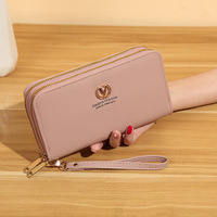Nouveau portefeuille long pour femme de style coréen avec double fermeture éclair, grande capacité, sacoche pour téléphone, pochette minimaliste tendance en PU à motif litchi