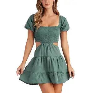 Tùy Chỉnh Một Dòng Smocking Cắt out Backless Ngắn Puff Tay Áo Mini Dresses Phụ Nữ Sexy Ăn Mặc Giản Dị