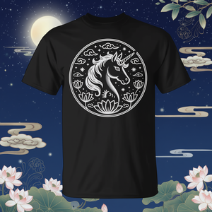 T-shirt du zodiaque lunaire licorne noir, design de l'année du cheval 2026 pour femmes et hommes - Product Image 3
