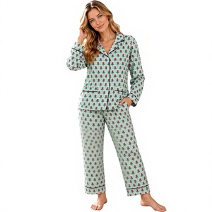 Conjunto de pijama con estampado floral para mujer, top de manga larga con solapa y ribete en contraste, ropa de dormir con pantalones, traje de noche floral para mujer - Product Image 1