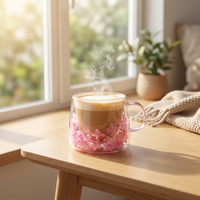 Tasse à café en verre à double paroi avec fleurs séchées, 200 ml, esthétique, avec poignée, cadeau pour femme