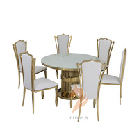 Tables à manger en acier inoxydable doré avec plateau en verre trempé blanc, style ethnique, forme ronde, dimensions personnalisables pour hôtels/restaurants