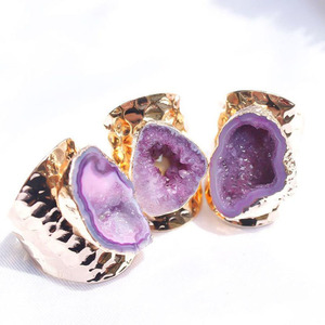 G1784 anello <span class=keywords><strong>Druzy</strong></span> in pietra grezza naturale anello in Geode di cristallo anello in ottone placcato oro regolabile in agata Vintage - Product Image 2