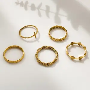 时尚简约PVD 18k镀金可爱绳环扭曲几何不锈钢十字堆叠指环女性饰品