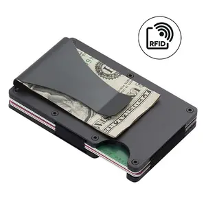 Al por mayor soporte de metal RFID Bloqueo de aluminio pop up billetera de tarjeta, bloqueo de billeteras delgadas y tarjeteros para hombres con clip de dinero