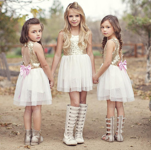 Último diseño niños blusa y falda de arco de verano sin mangas vestido de lentejuelas vestido de los niños para las muchachas del Bebé Ropa - Product Image 1